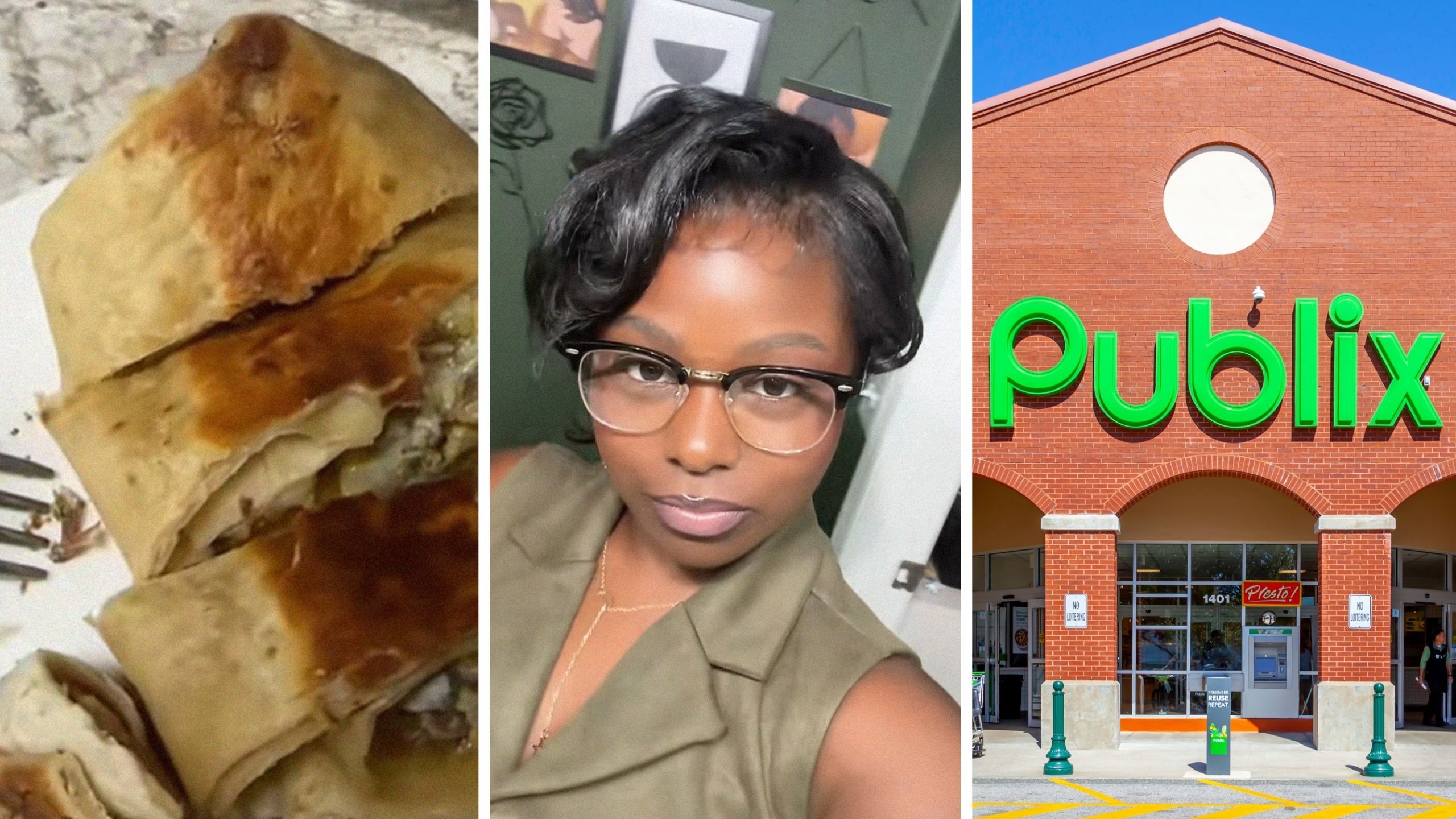 breakfast burrito (l) woman shares food purchase issue (c) Publix storefront (r)