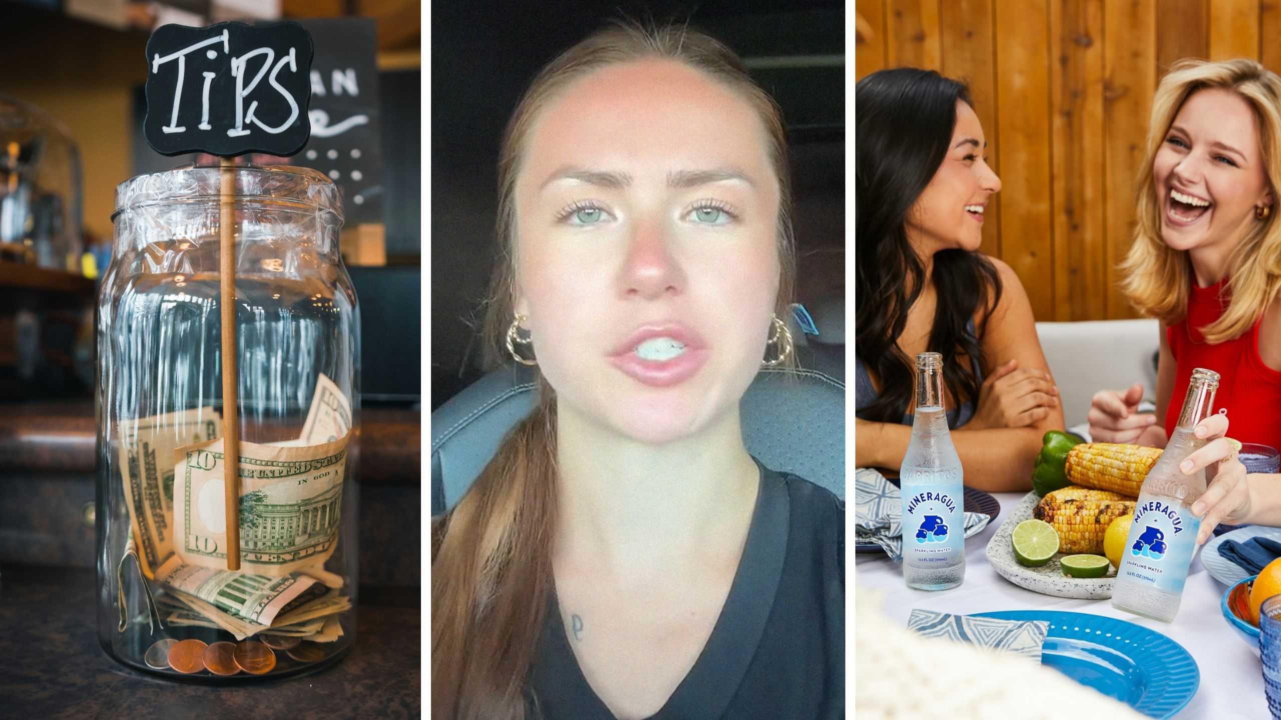 Tip jar (l) server shades a day in the job (c) kind women eating out (r)