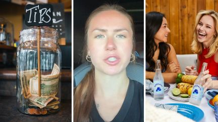 Tip jar (l) server shades a day in the job (c) kind women eating out (r)