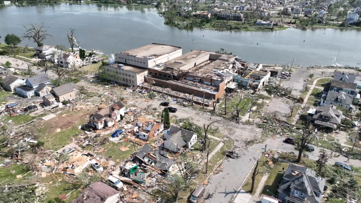 A sky view of the tornado damage in Menasha, WI