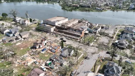 A sky view of the tornado damage in Menasha, WI