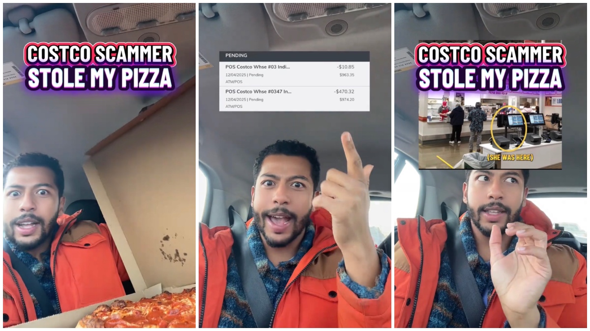 Split images of a man showing his pepperoni pizza, bank transactions, and Costco Kiosk where a woman allegedly stole his pizza receipt.