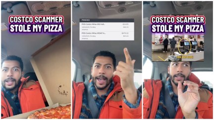 Split images of a man showing his pepperoni pizza, bank transactions, and Costco Kiosk where a woman allegedly stole his pizza receipt.