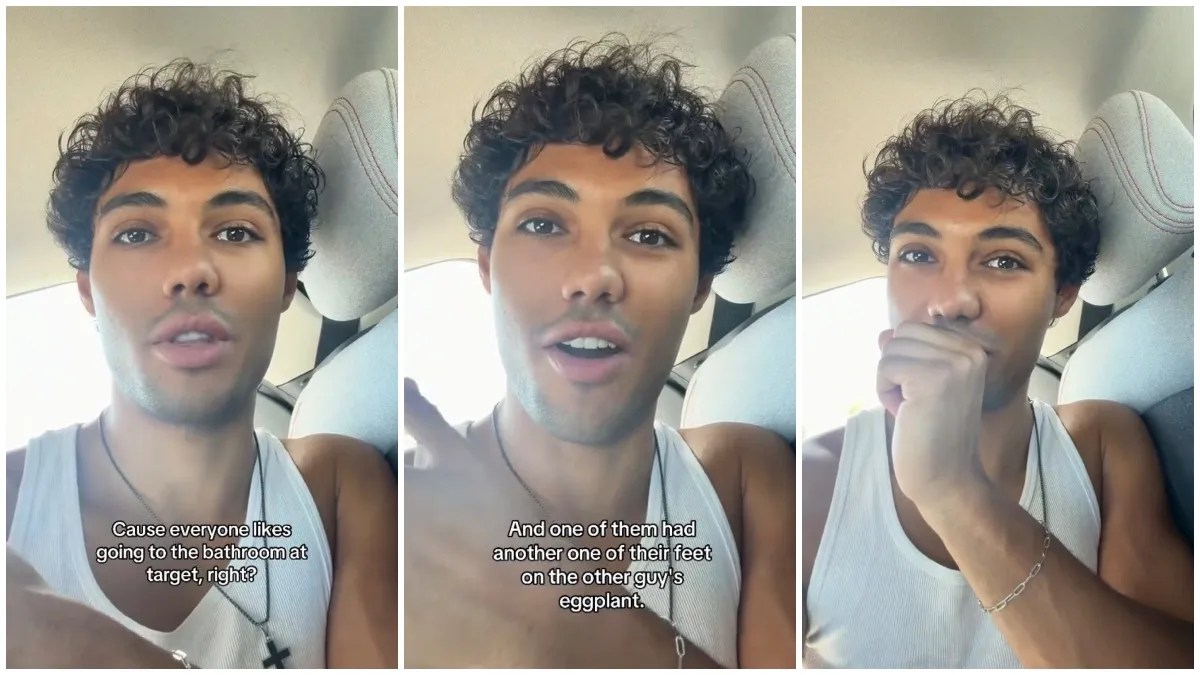 Split images of a man talking about his recent Target bathroom encounter.