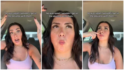 Split images of a woman explaining a scary encounter in the elevator with two men in Arizona.