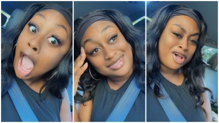 Split images of a woman in her car debriefing about finding her wallet missing at Walmart checkout.