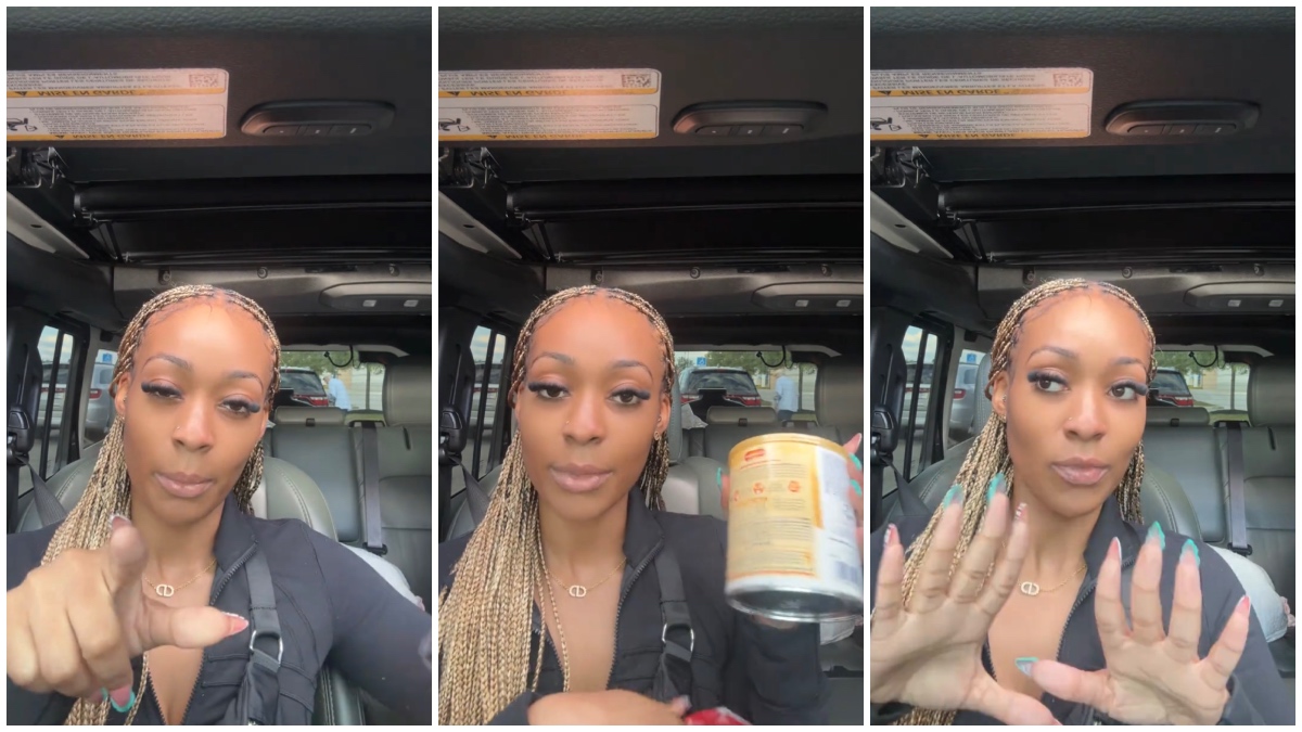 Split images of a woman in her car holding baby formula debriefing about escaping a scam at Target.