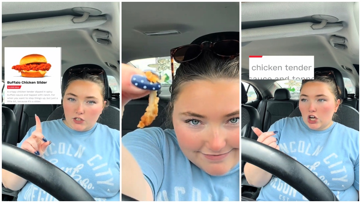 Split images of a woman showing a bone found in her Arby’s Chicken Tender Slider.