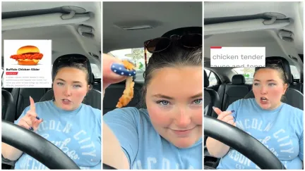 Split images of a woman showing a bone found in her Arby’s Chicken Tender Slider.
