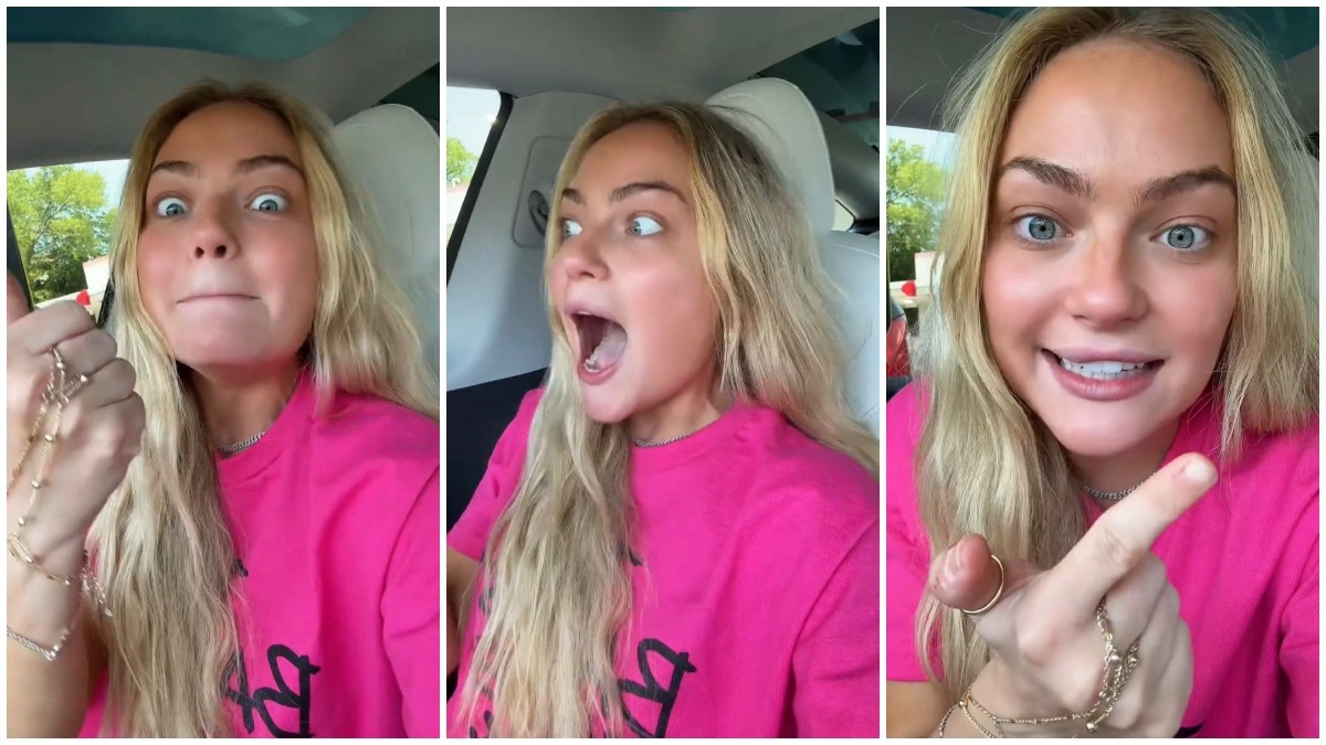 Split side images of a blonde woman in pink t-shirt shocked while telling a first date story.