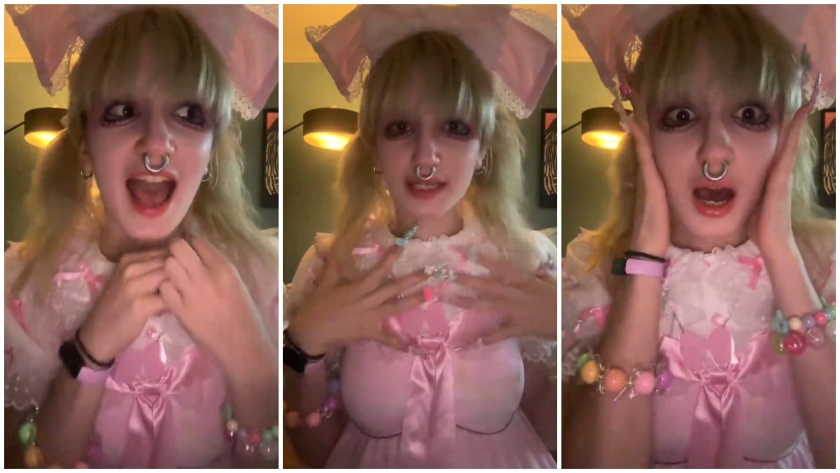 Split side images of a woman dressed in pink Lolita fashion telling a grocery store story.