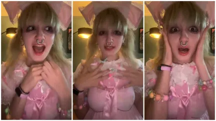 Split side images of a woman dressed in pink Lolita fashion telling a grocery store story.