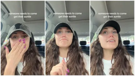 Split side images of a woman in white t-shirt and black cap sitting in a car face palming and telling a Whole Foods Cashier fight story.