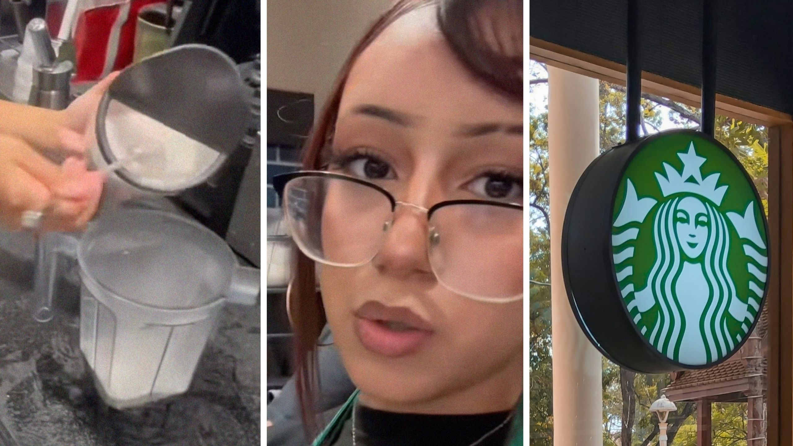 blending powder (l) woman exposes Starbucks secrets (c) Starbucks storefront (r)