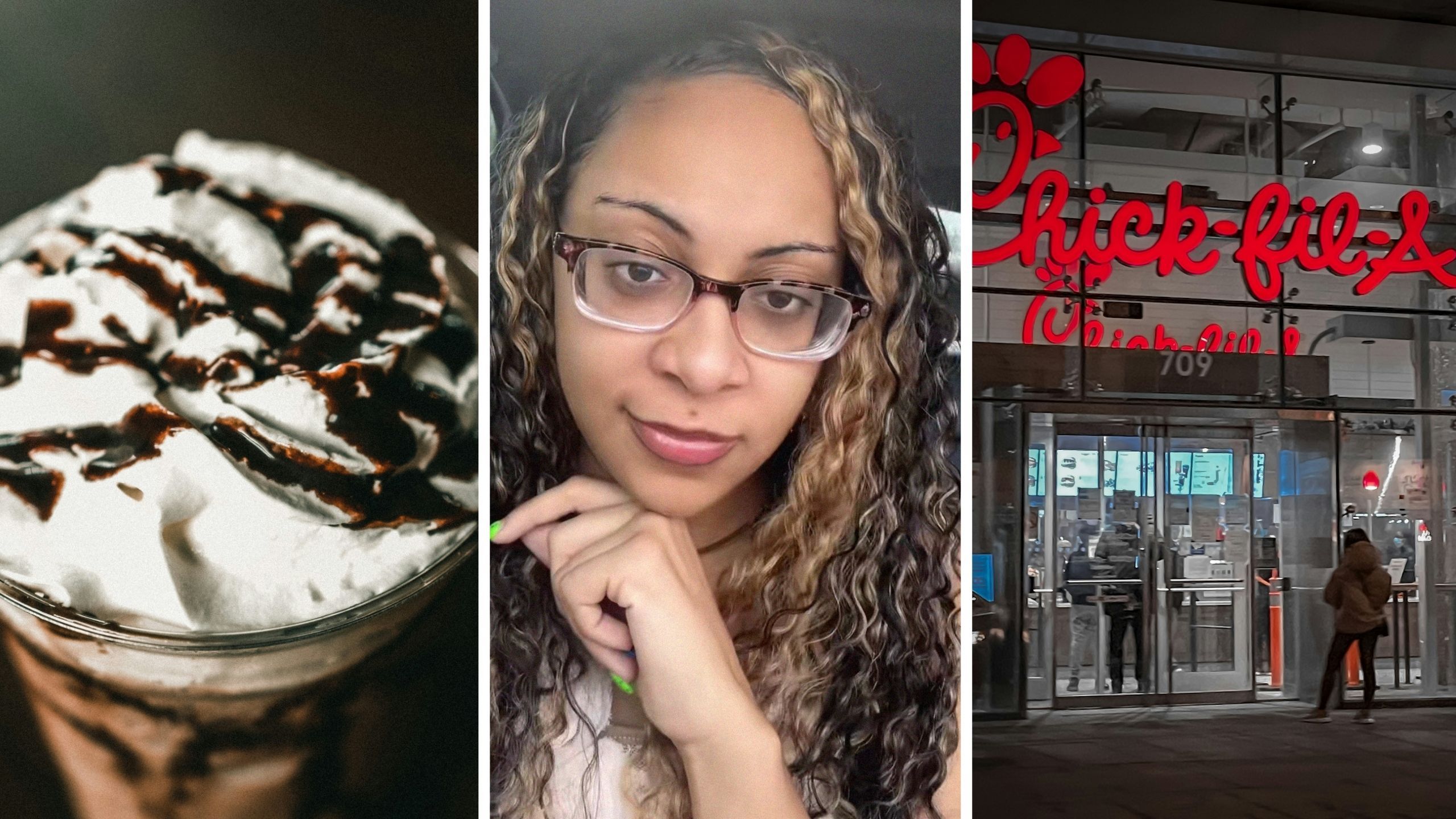 whipped cream on shake (l) woman shares chick-fil-a experience (c) Chick-fil-A fast food (r)