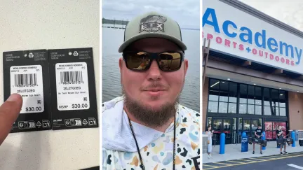 shirt tags (l) man shares shirt purchase issue (c) Academy sports store (r)