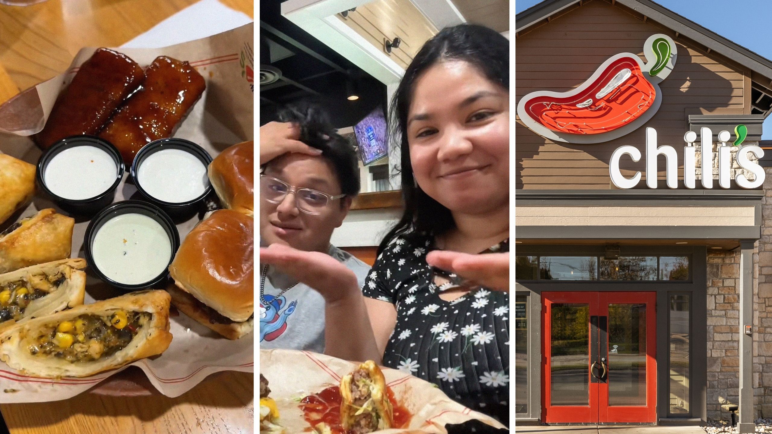 Triple dipper meal (l) couple shares Chili's experience (c) Chili's entrance (r)