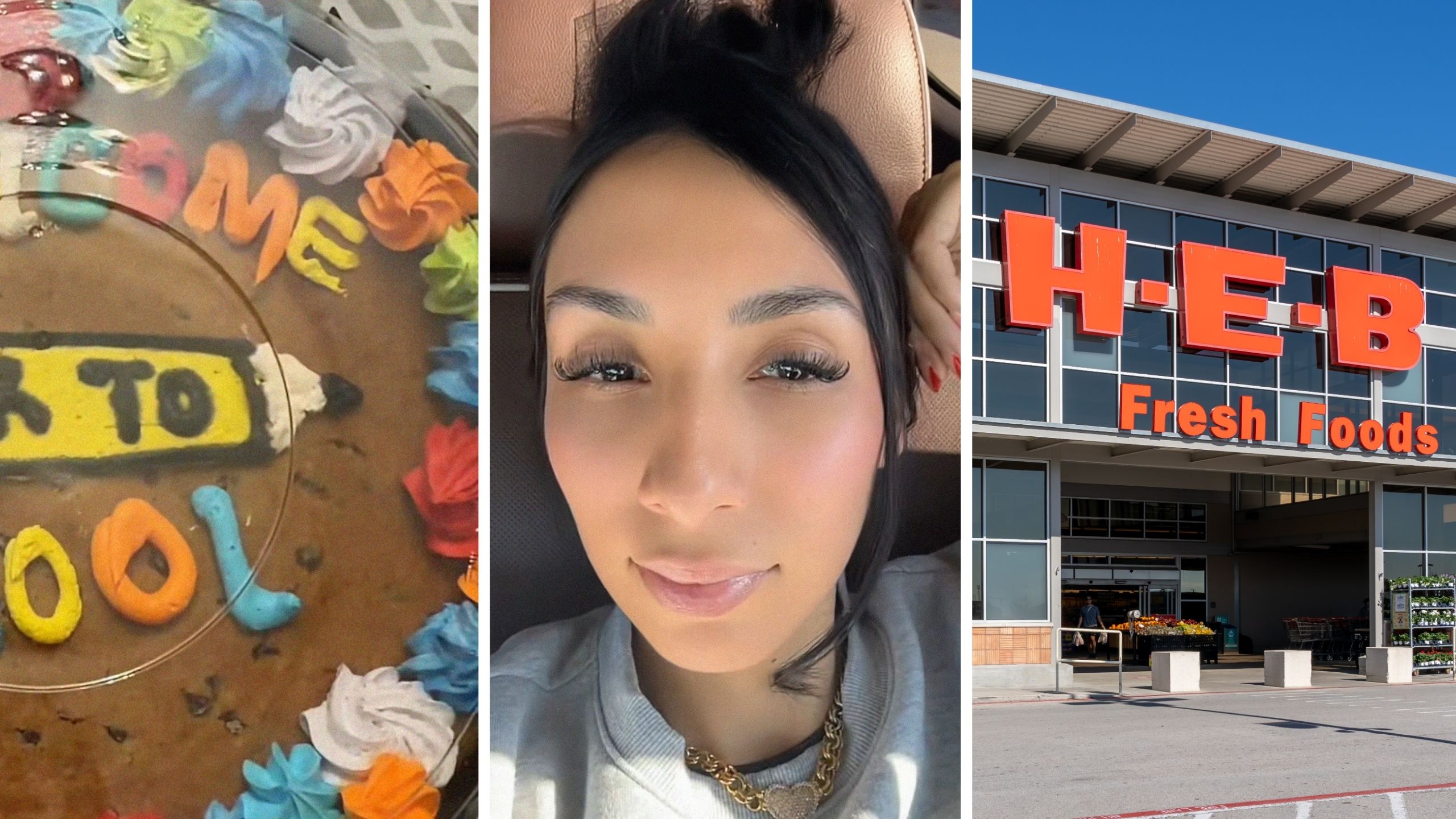 colorful cake (l) woman shares cake order issue (c) H-E-B storefront (r)