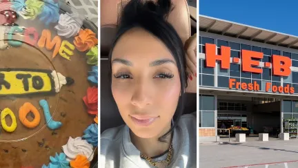colorful cake (l) woman shares cake order issue (c) H-E-B storefront (r)