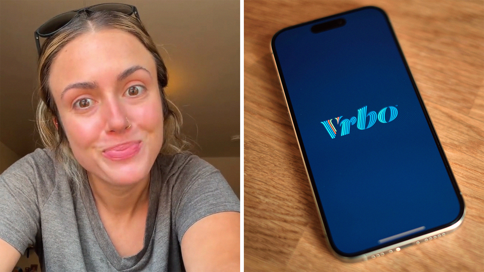 Vrbo booking app (l) woman shares vrbo story (r)