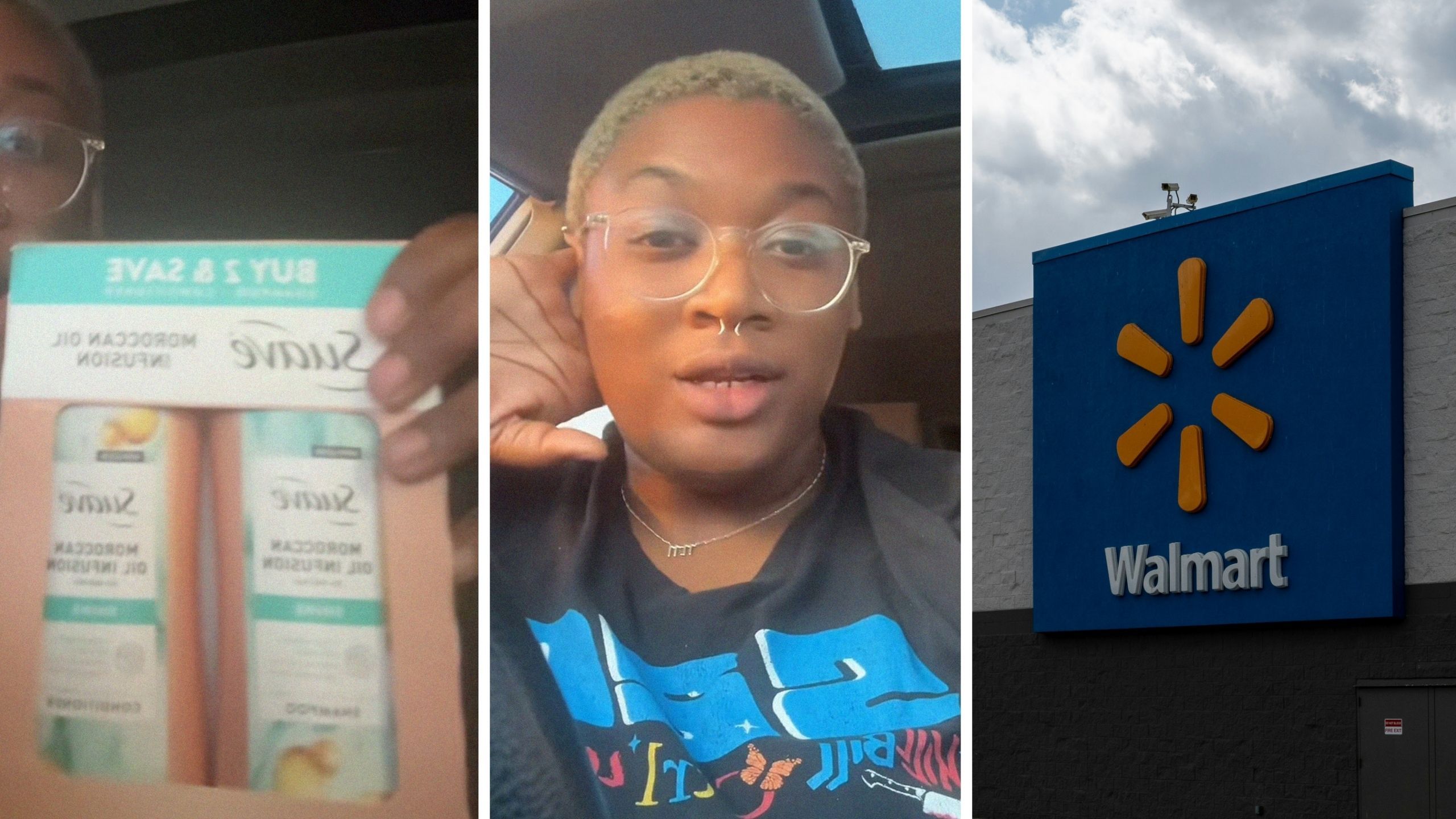 Suave product (l) woman shares delivery struggles (c) walmart storefront (r)