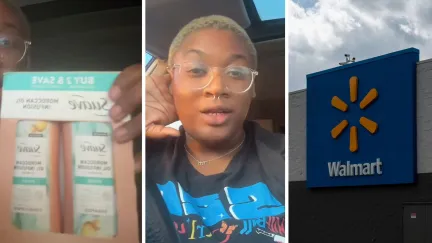 Suave product (l) woman shares delivery struggles (c) walmart storefront (r)