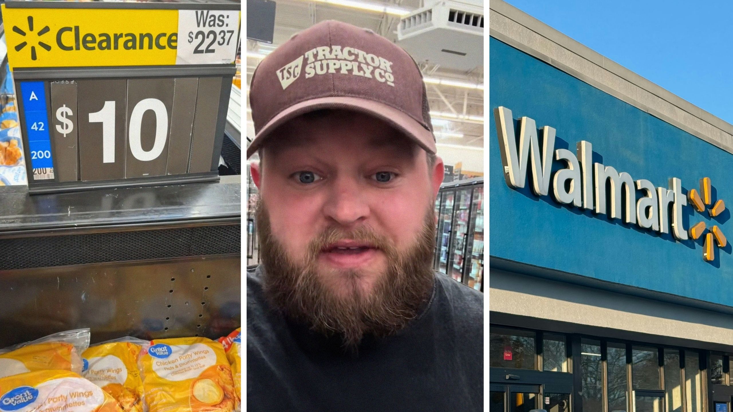 Great Value chicken wings (l) man shares walmart observation (c) walmart storefront (r)