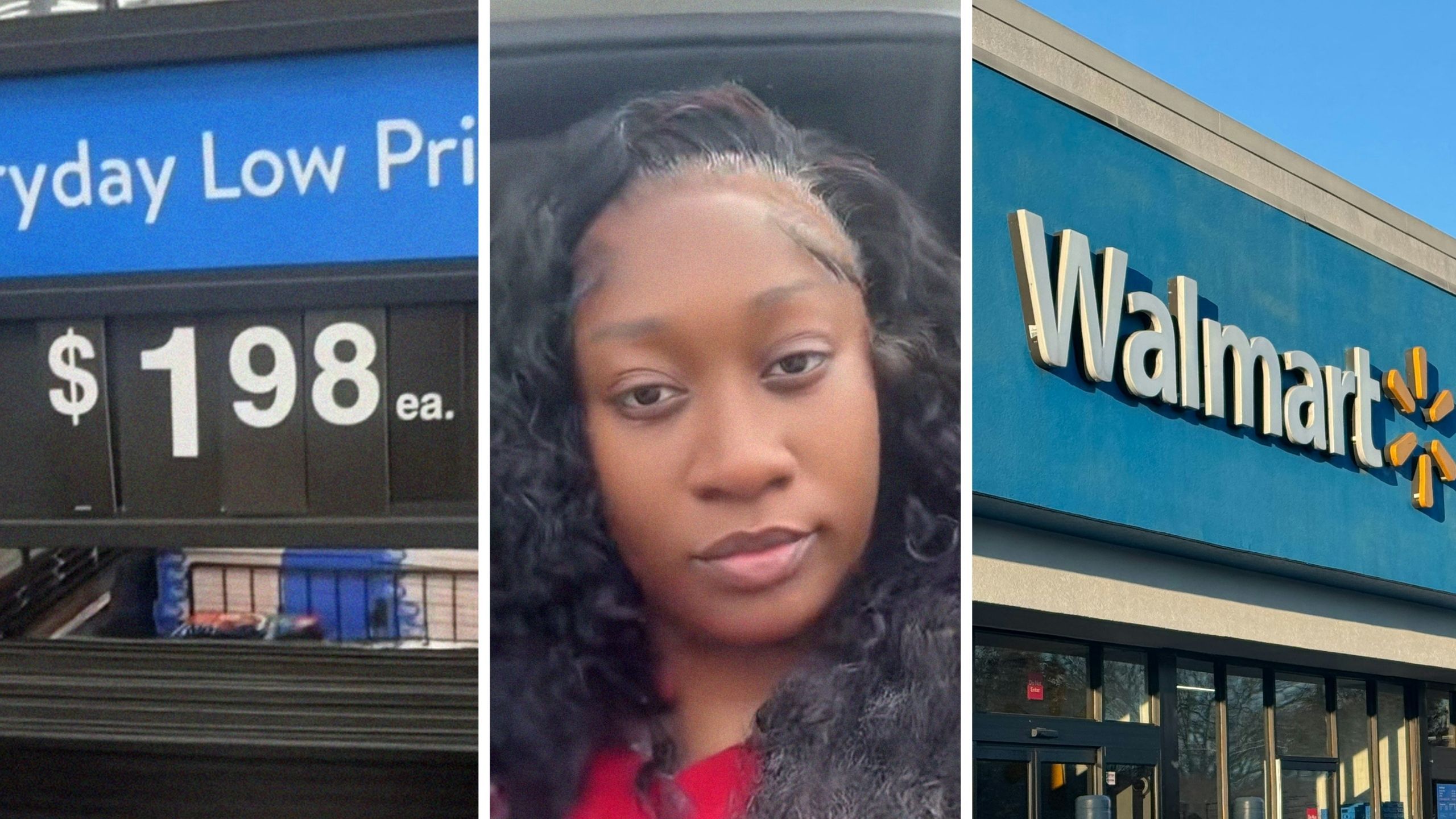 Sale price (l) woman shares walmart encounter (c) walmart storefront (r)