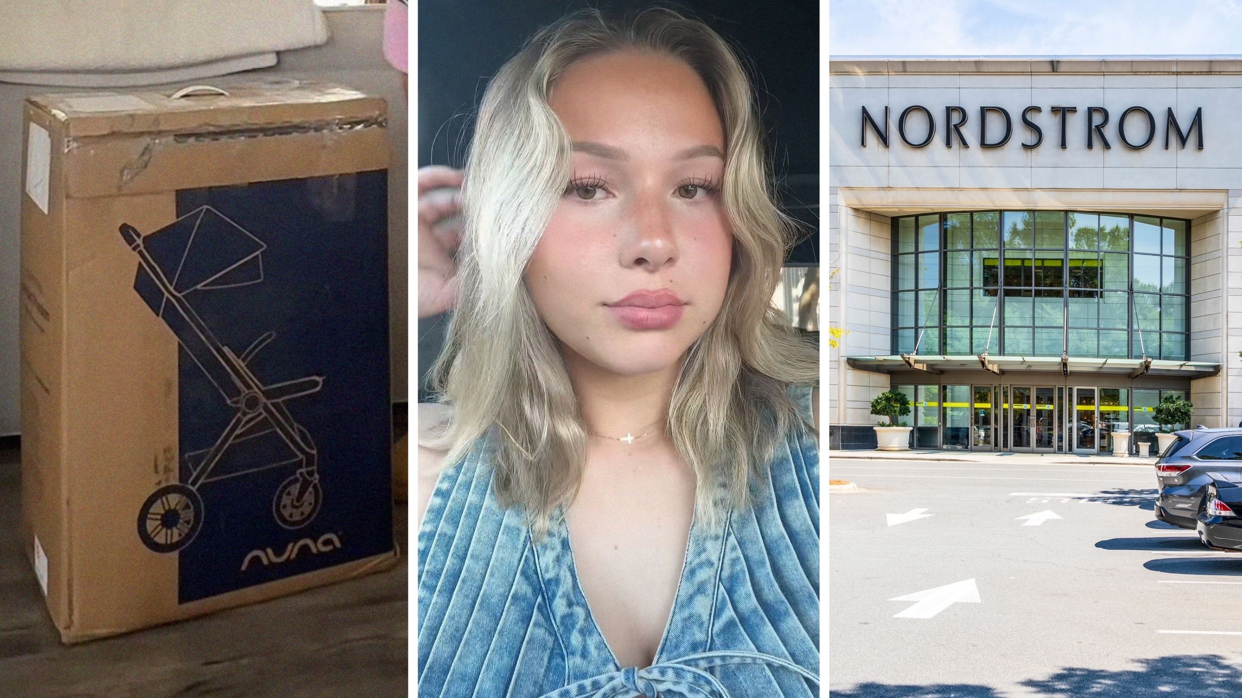 Nuna Stroller package (l) woman shares purchase issue (c) Nordstrom storefront (r)