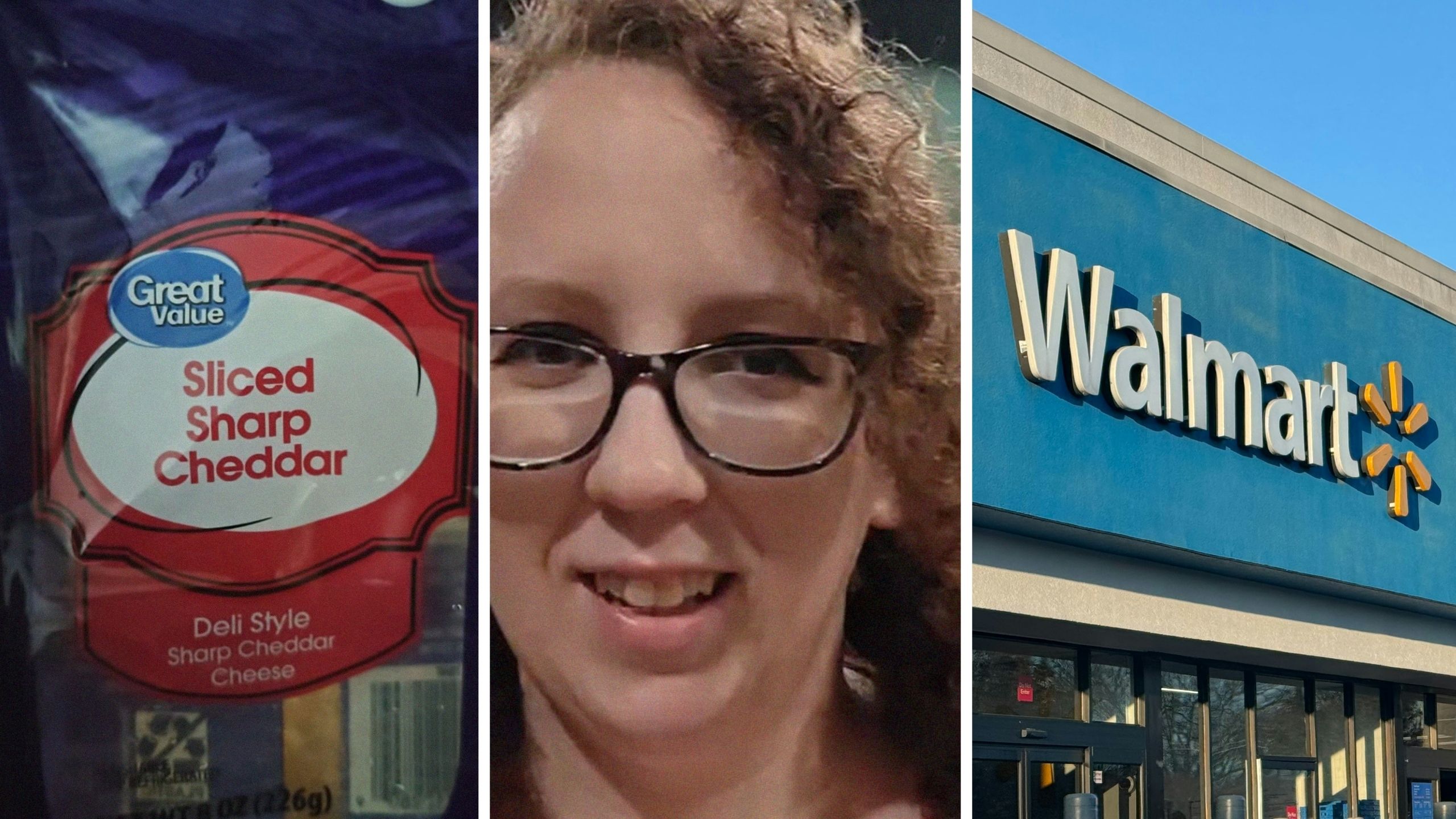 Great value cheese pack (l) woman shares cheese purchase issue (c) Walmart storefront (r)