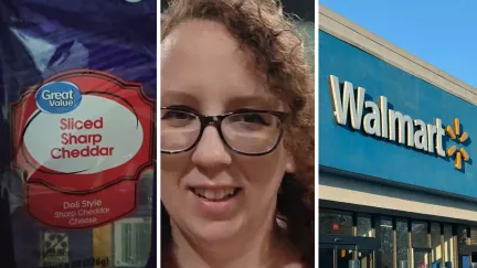 Great value cheese pack (l) woman shares cheese purchase issue (c) Walmart storefront (r)