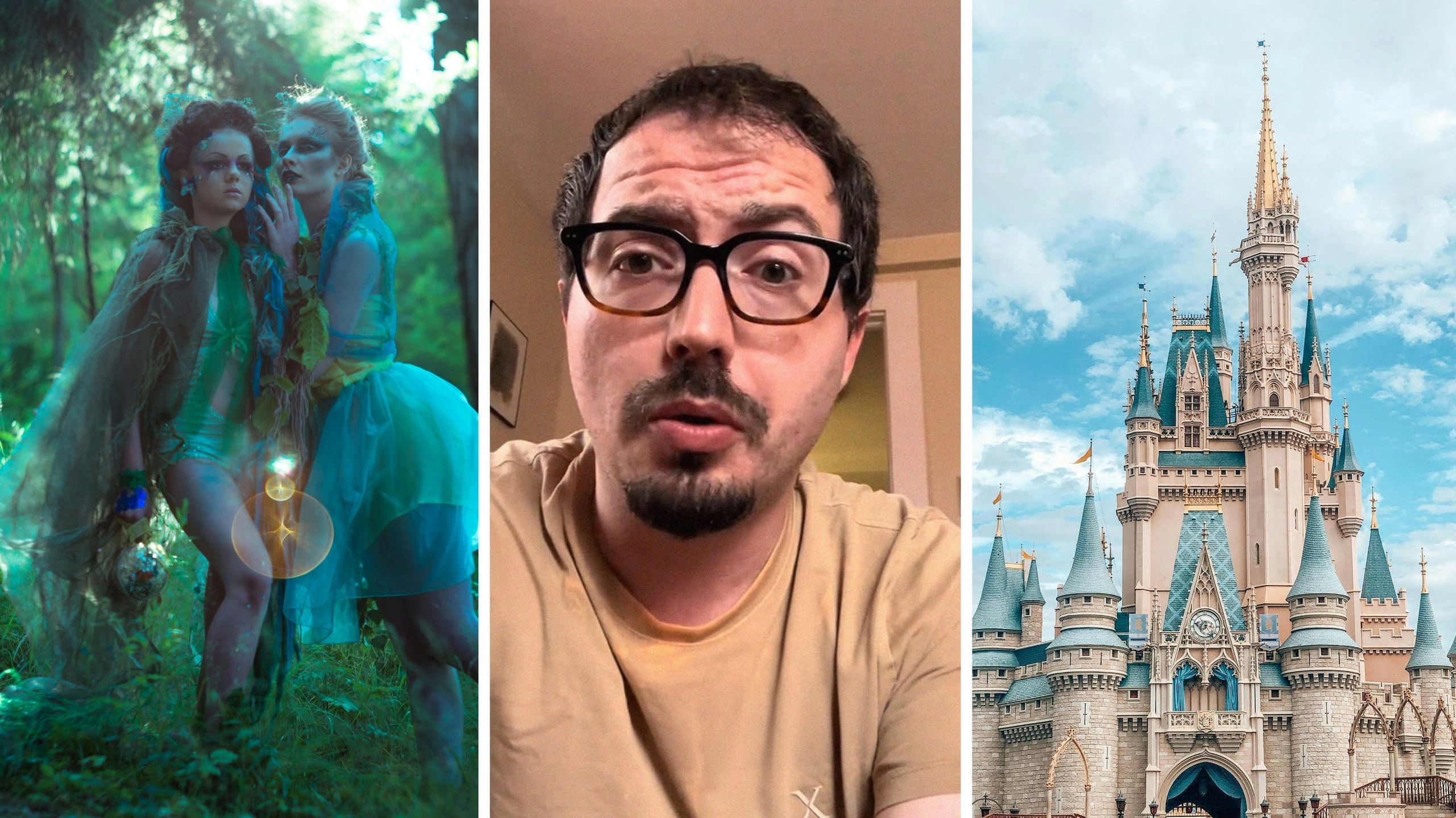 adult dressed as peter pan (l) man shares Disney character concern (c) Disneyworld park (r)