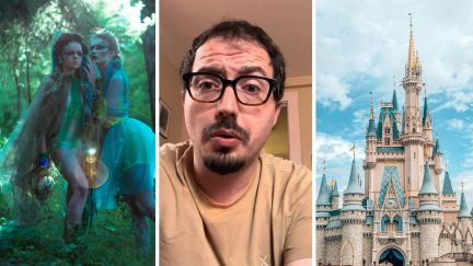 adult dressed as peter pan (l) man shares Disney character concern (c) Disneyworld park (r)
