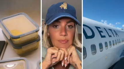 tupperware dish (l) woman shares flight experience (c) Delta airlines (r)