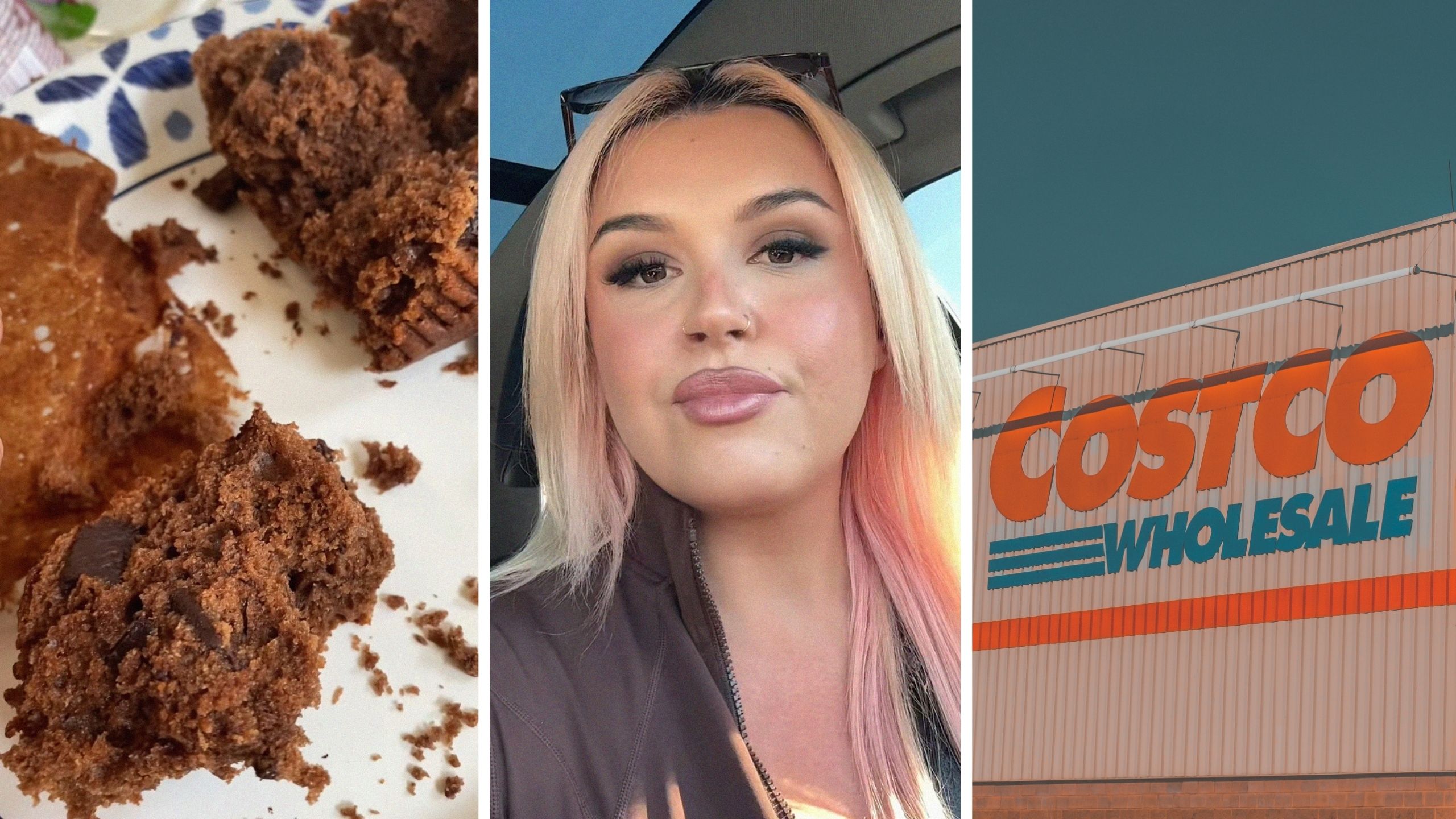 muffin crumbs (l) woman shares costco muffins issue (c) Costco storefront (r)