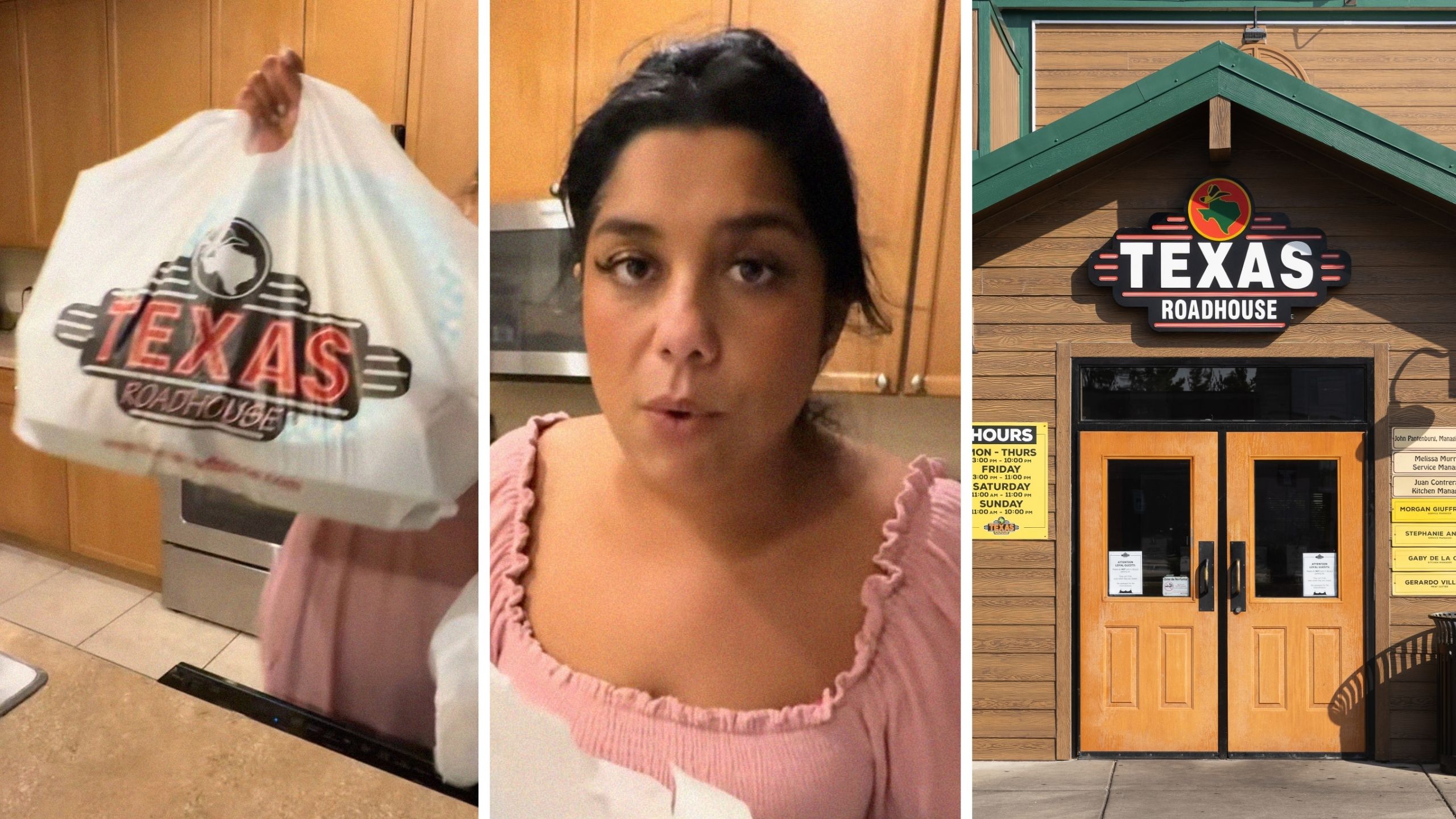 Texas roadhouse take-out (l) woman shares texas roadhouse ordering hack (c) Texas roadhouse entrance (r)