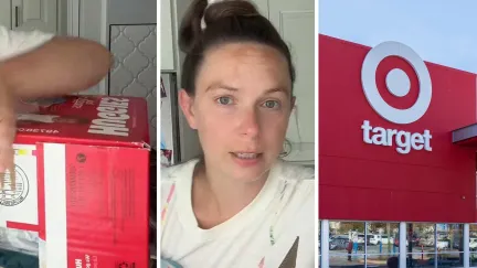 huggies box (l) woman shares diapers purchase issue (c) Target storefront (r)