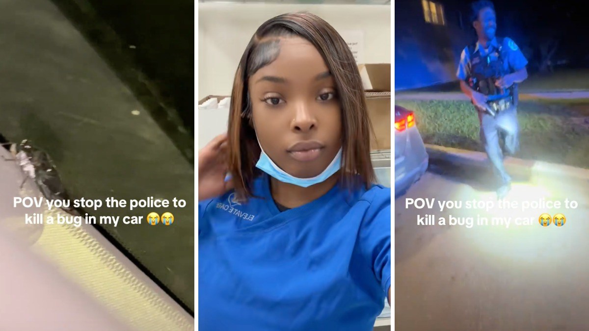 Woman calls a police officer for help with a bug