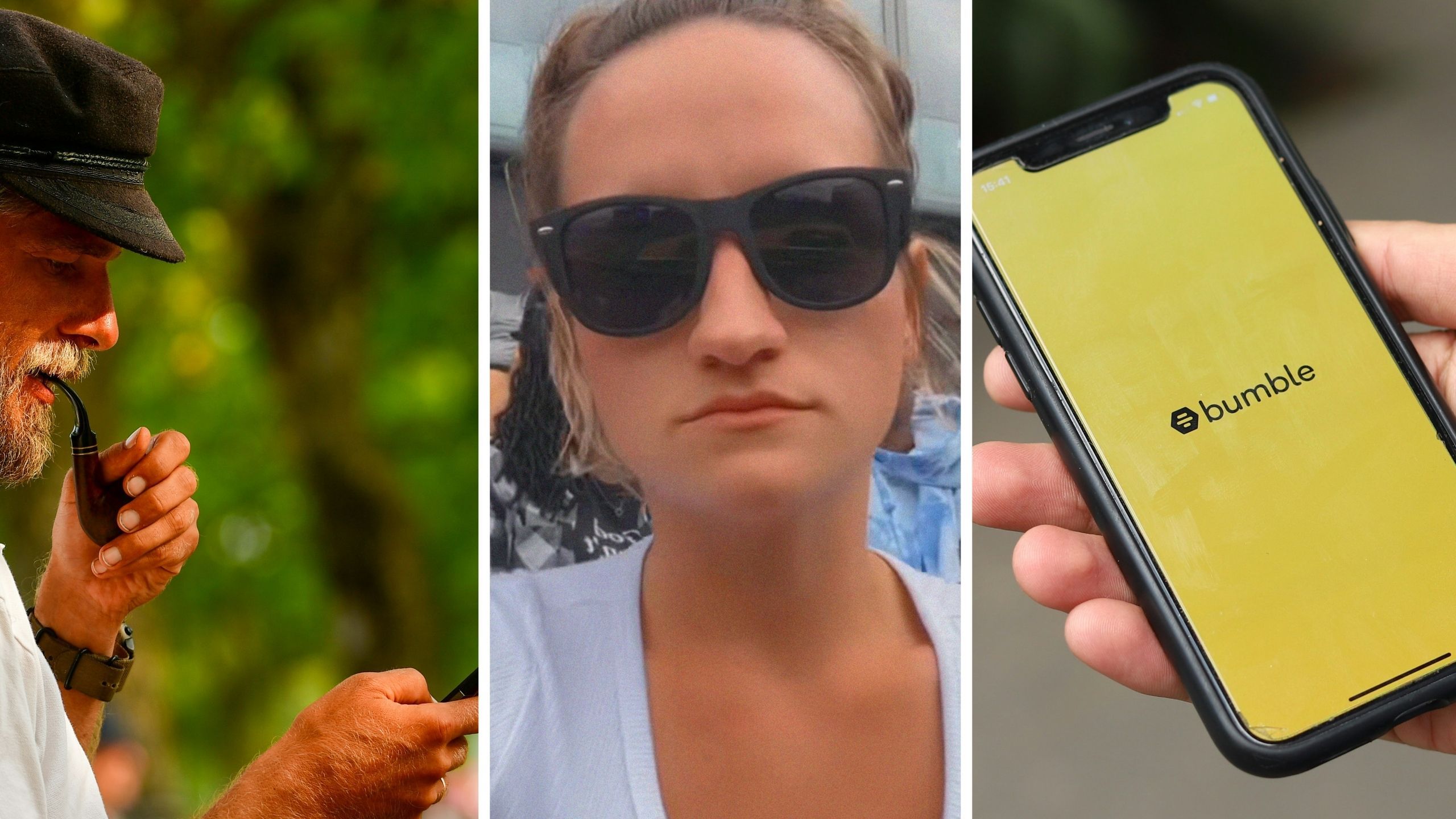 56-year-old man using dating app (l)woman shares Hinge app observation (c) bumble dating app (r)
