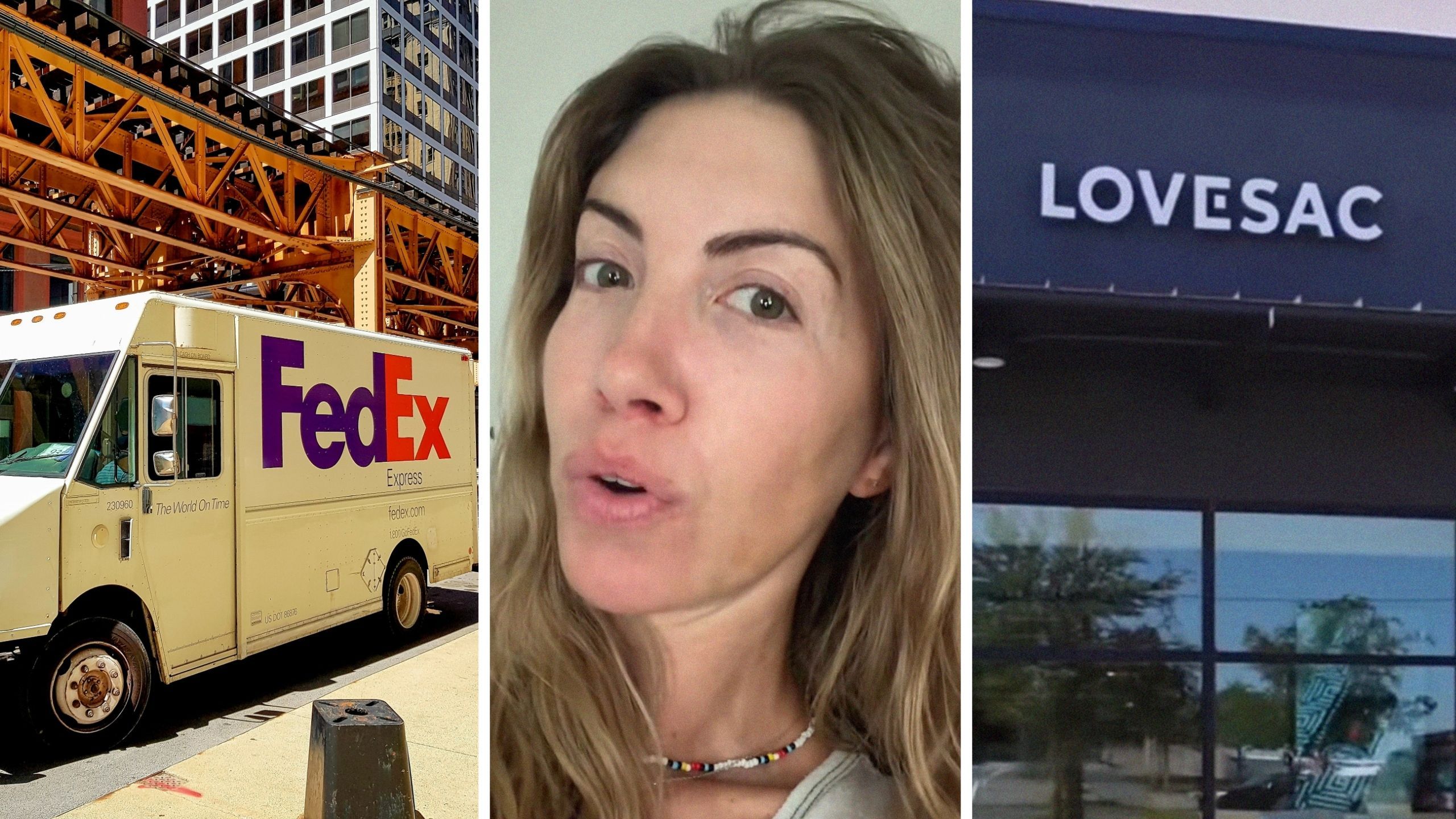 FedEX delivery (l) woman shares Lovesac couch concern (c) Lovesac storefront (r)