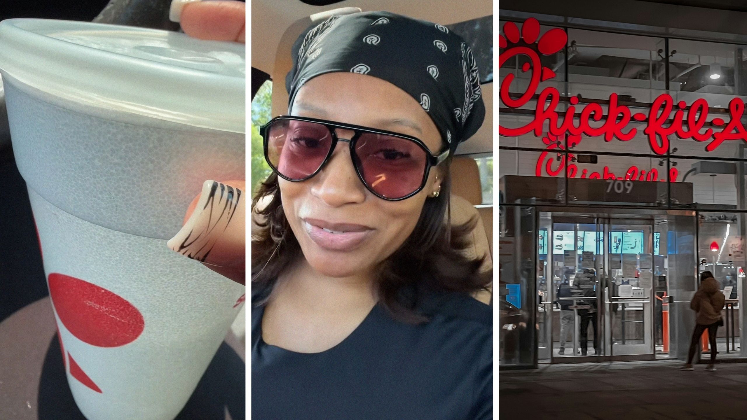 cup of ice (l) woman shares chick-fil-A issue (c) Chick-Fil-A fast food (r)