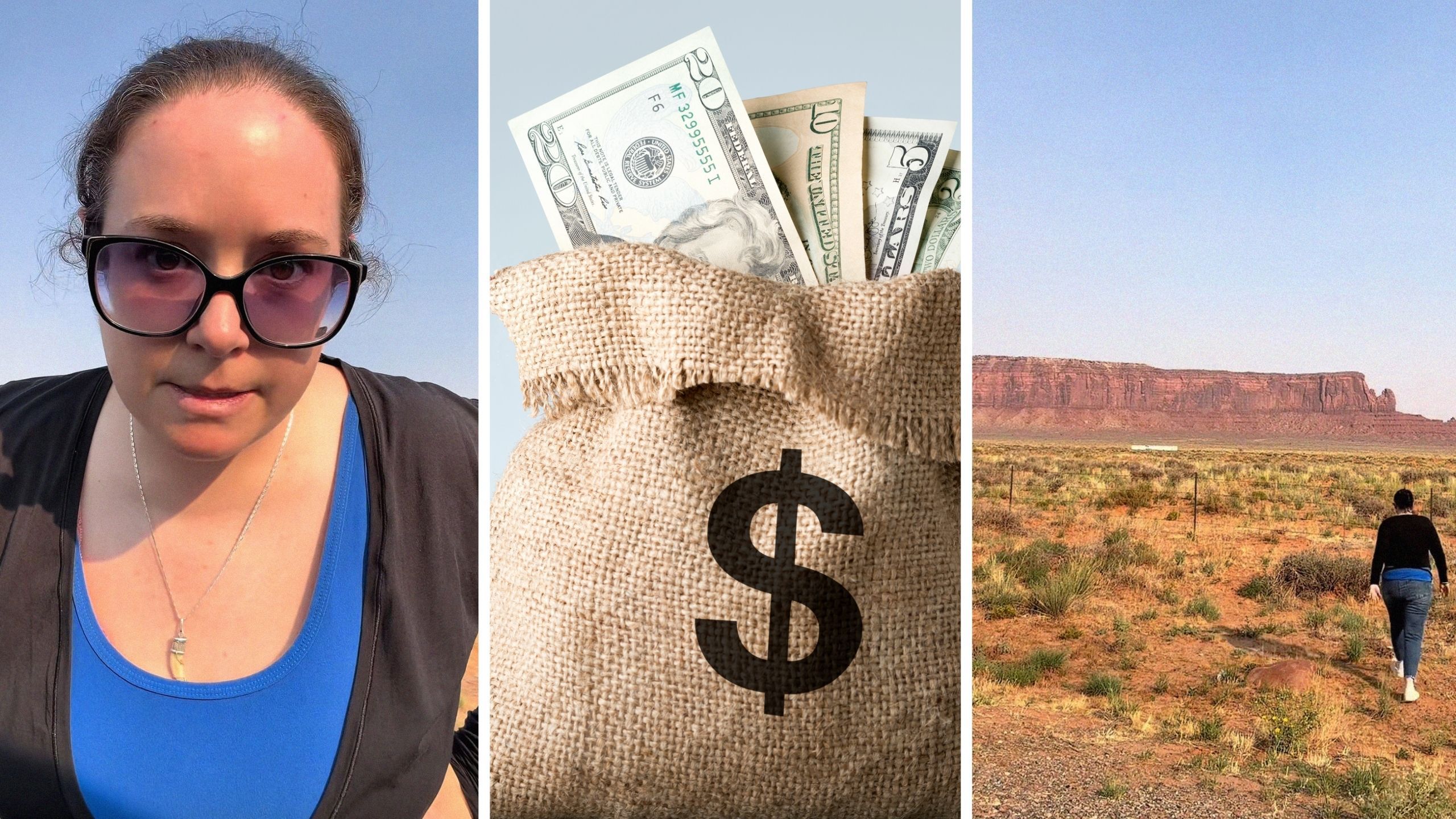 woman shares life story (l) bag of money (c) woman travelling the world (r)