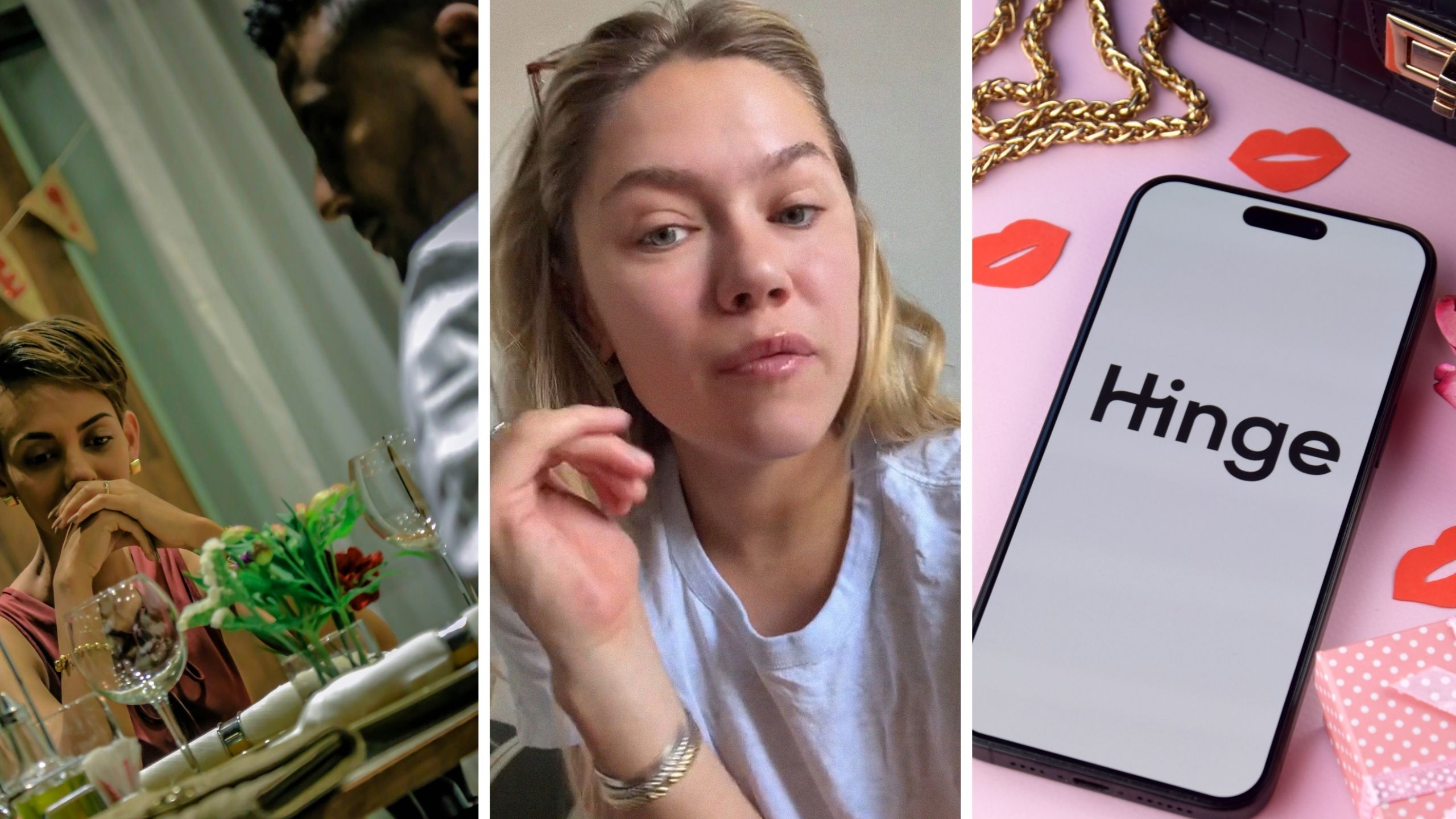 woman upset at dinner date (l) woman shares online dating experience (c) Hinge dating app (r)