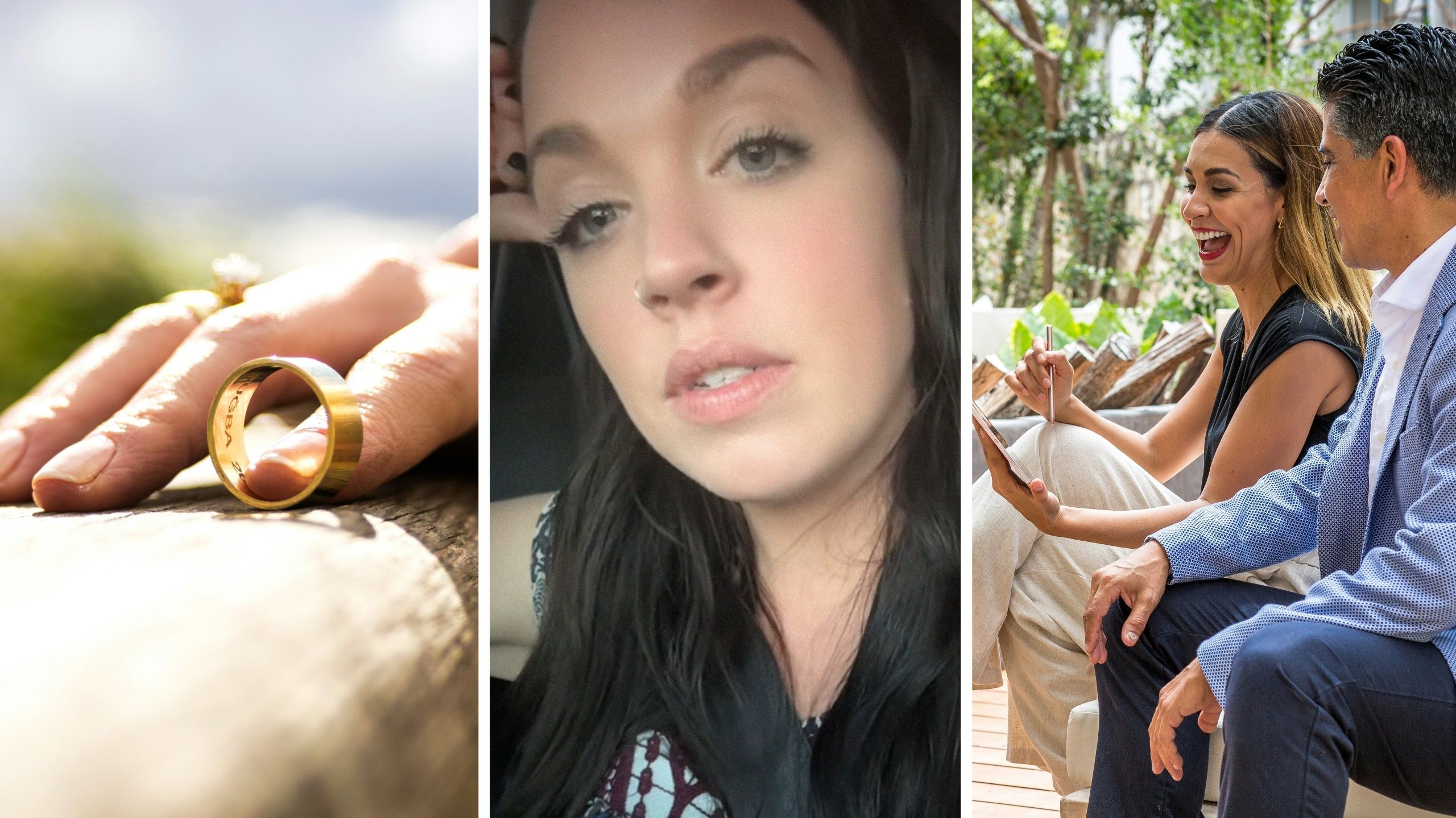 woman removed wedding ring (l) woman shares how a work trip ended her marriage (c) co-workers on a business trip (r)