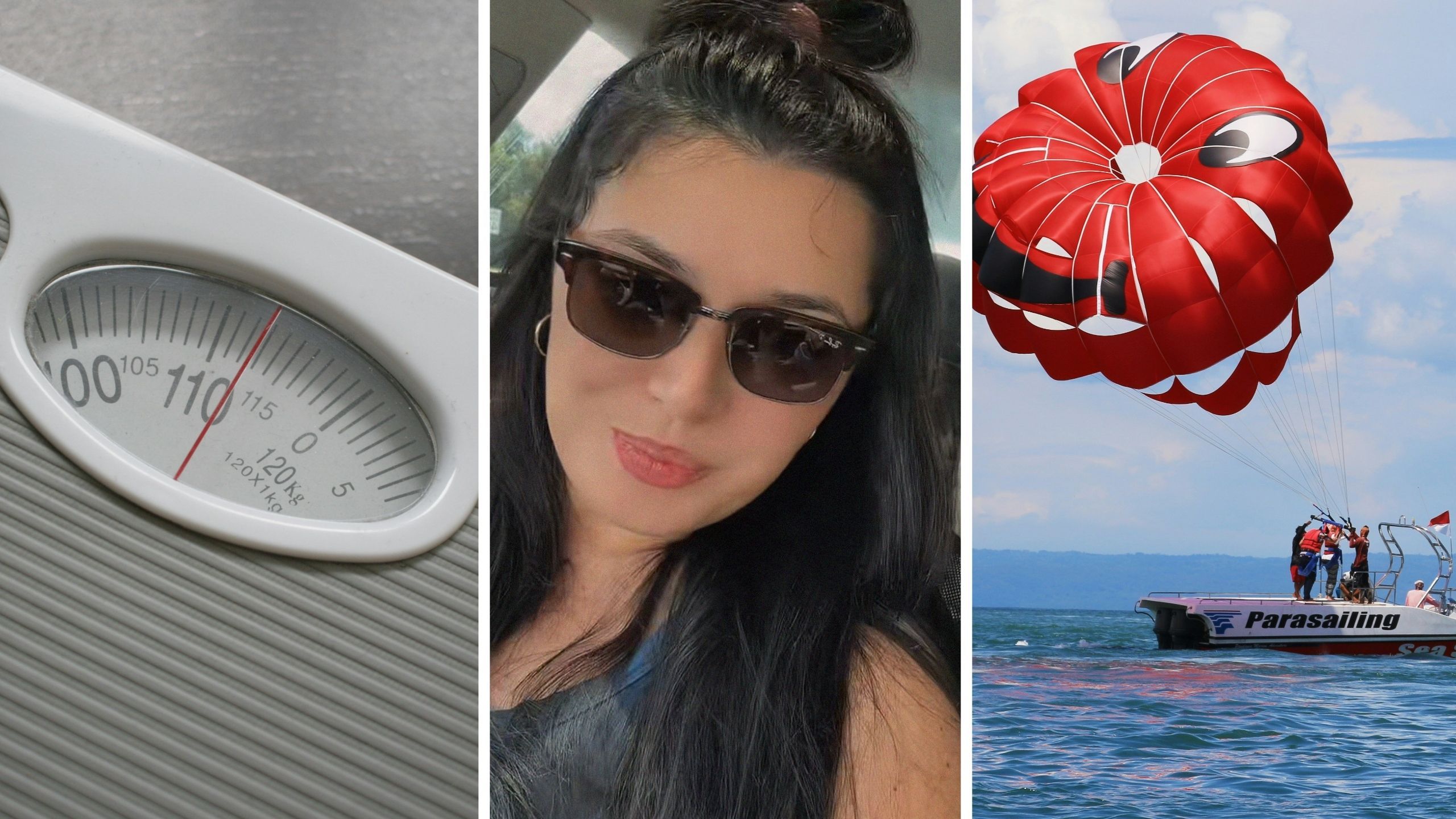 weight scale (l) woman shares parasailing experience (c) two friends parasailing (r)