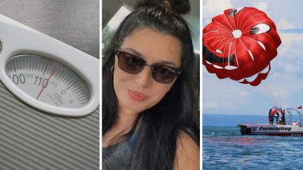 weight scale (l) woman shares parasailing experience (c) two friends parasailing (r)