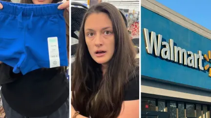 baby shorts (l) woman shares shopping observation (c) walmart storefront (r)