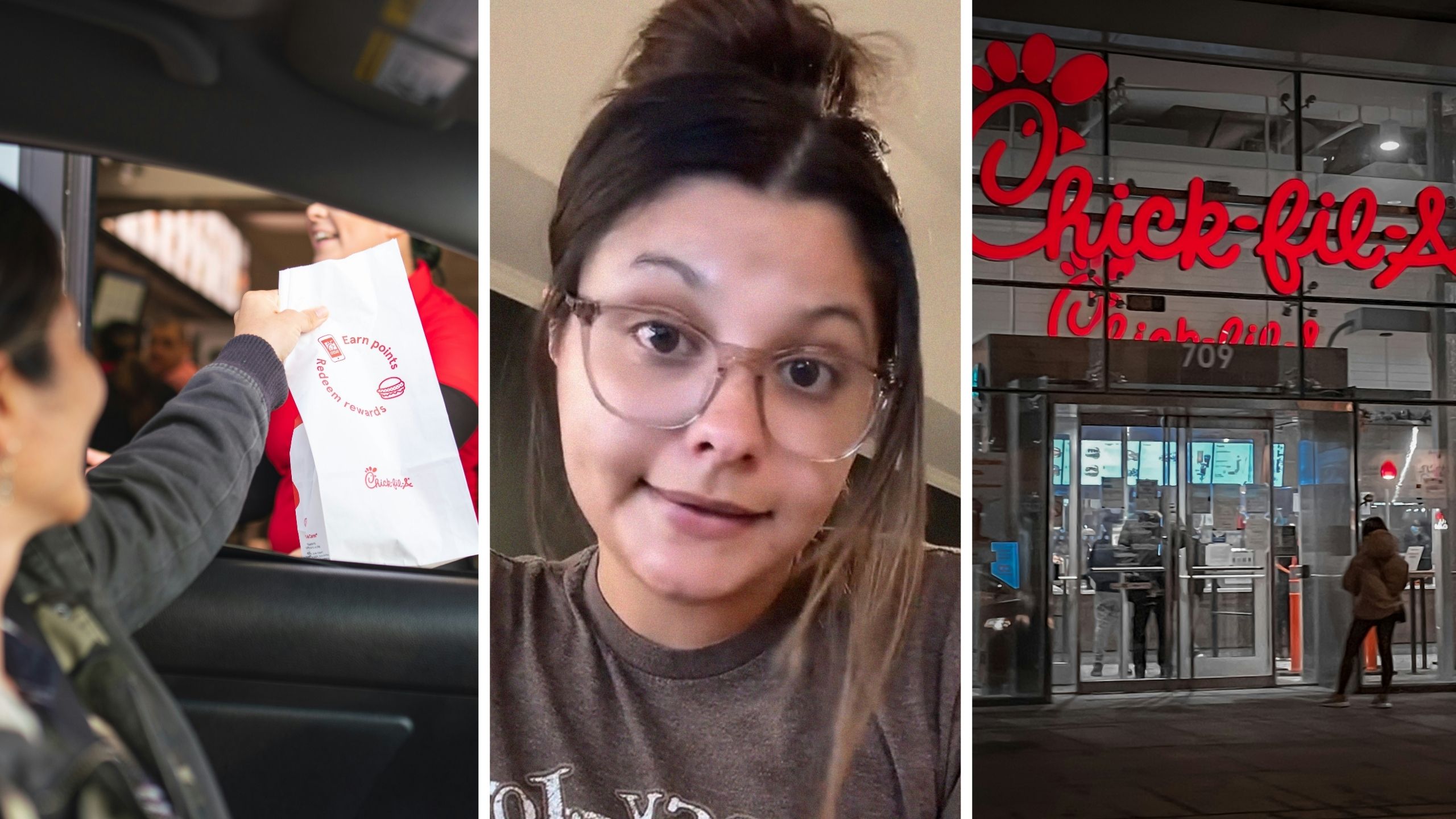 woman getting food at drive-thru (l) woman shares chick-fil-A experience (l) Chick-fil-A fast food (r)