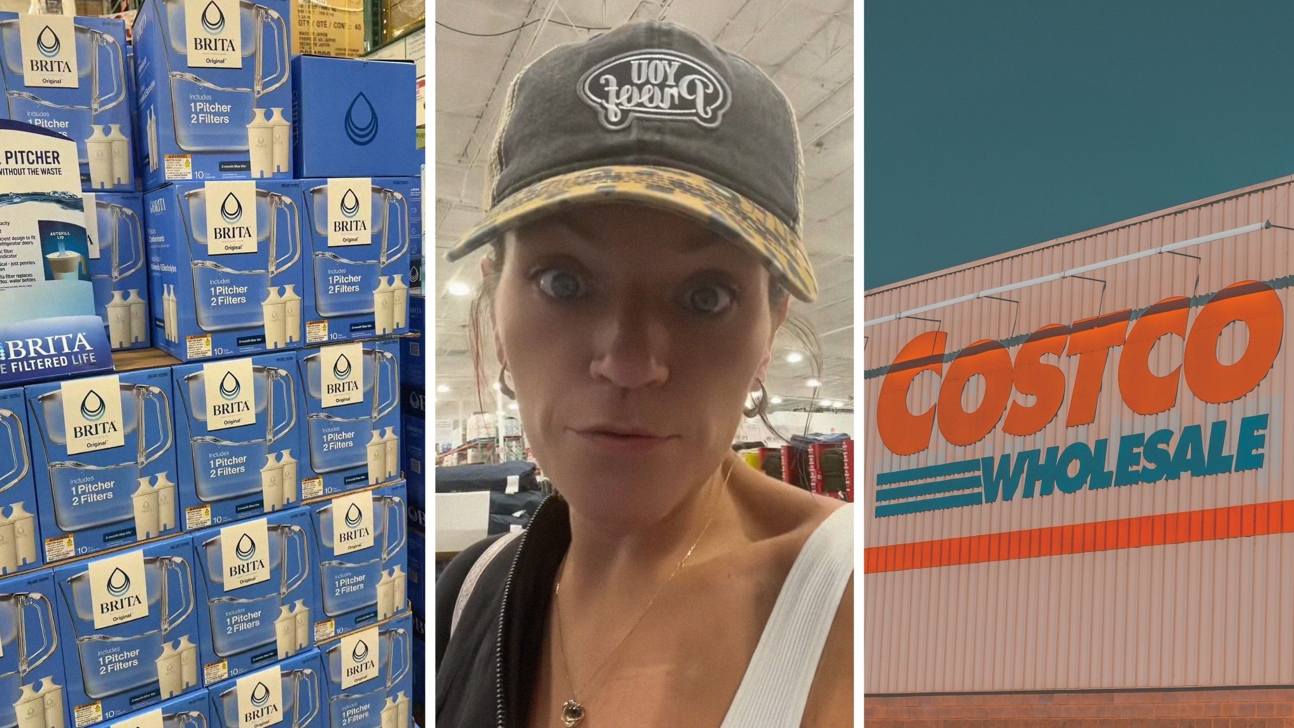 Brita water filters (l) woman shares shopping concern (c) Costco storefront (r)