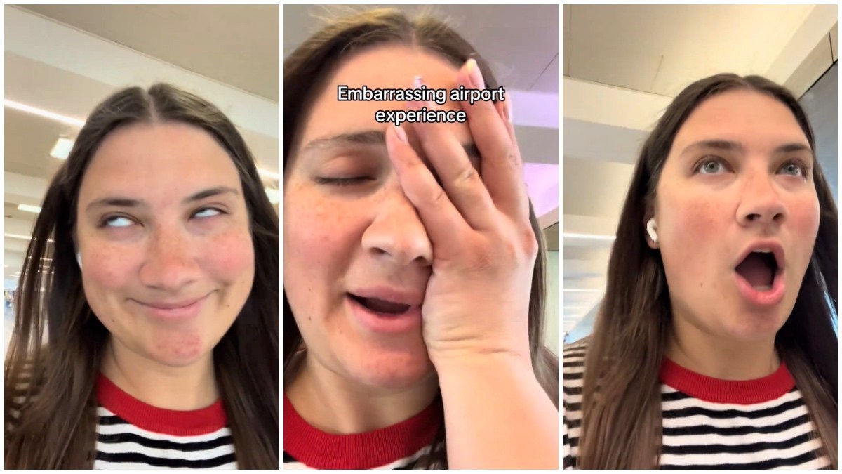 Woman making a flirty face, face-palming, and making a surprised face while recounting humiliating airport encounters.
